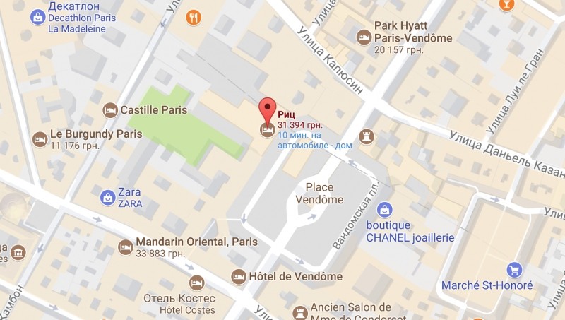 Отель Ritz на карте Парижа