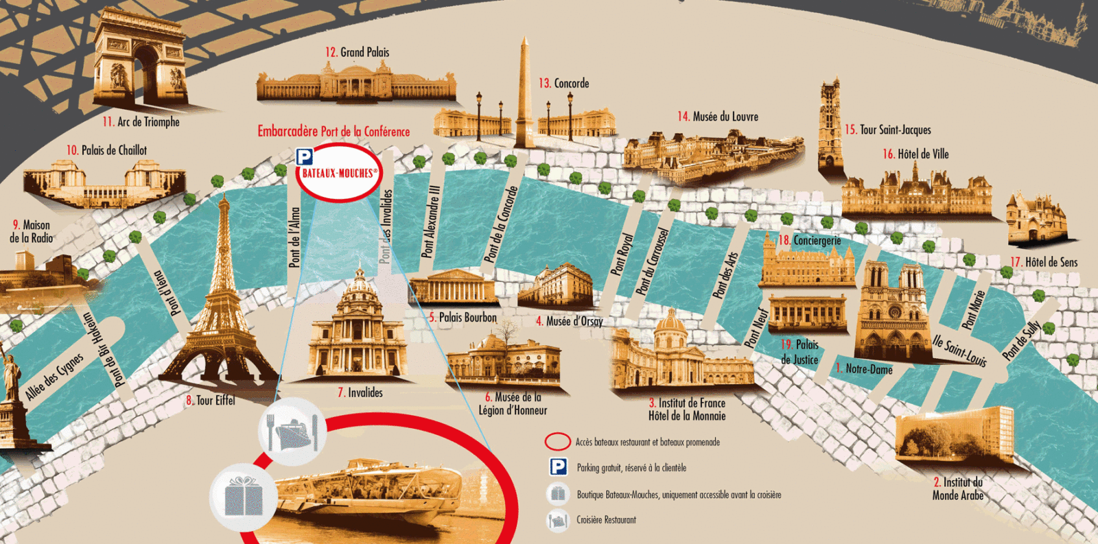 Карта маршрута кораблика Bateaux-Mouches: